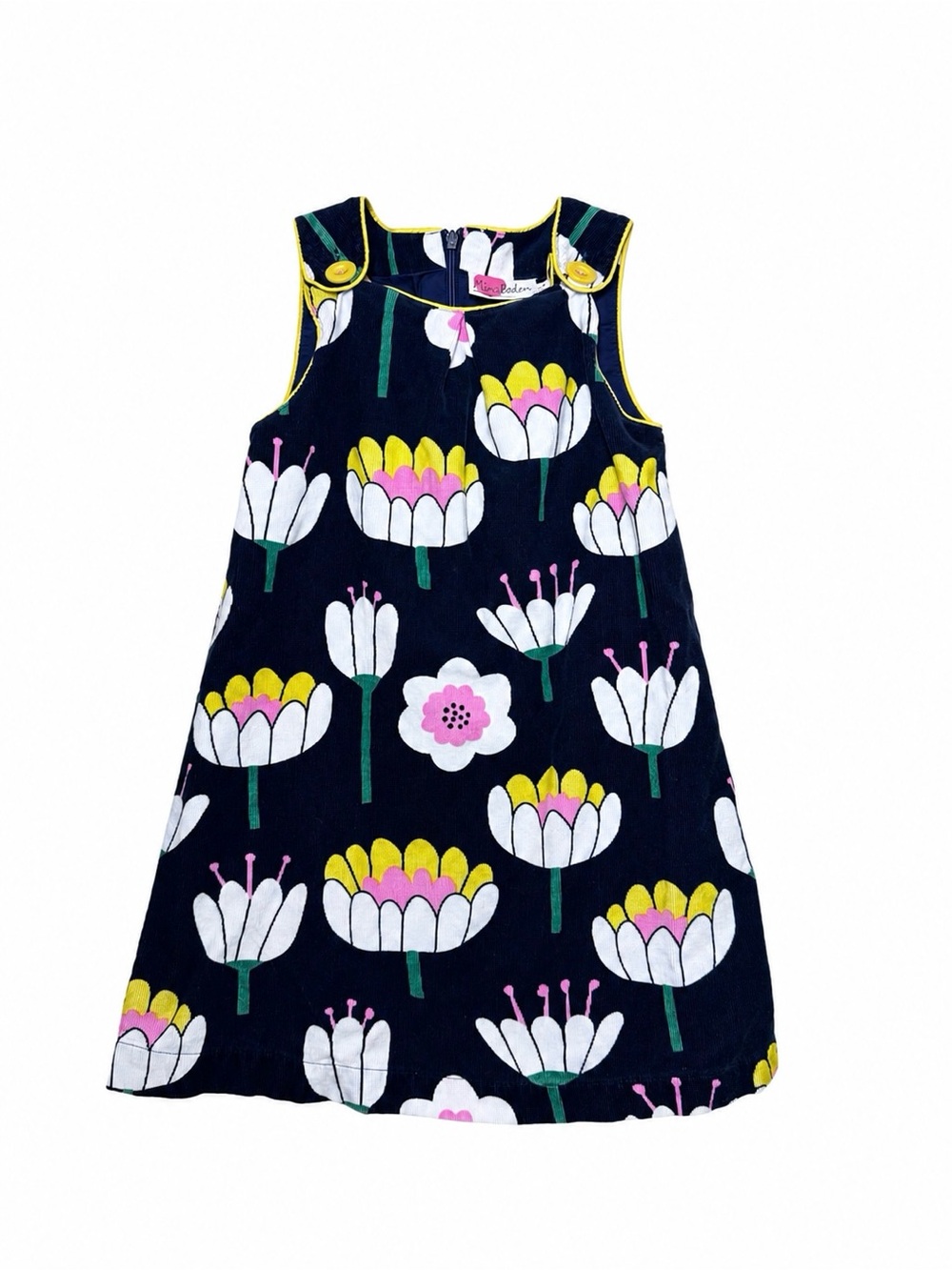 Mini Boden Girls Corduroy Sleeveless Dress 7-8 Floral Navy A Line Jumper Preppy